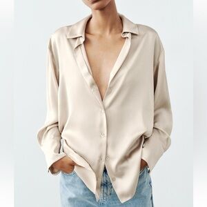 Zara Satin Effect Button Up Top in Cream/Ecru